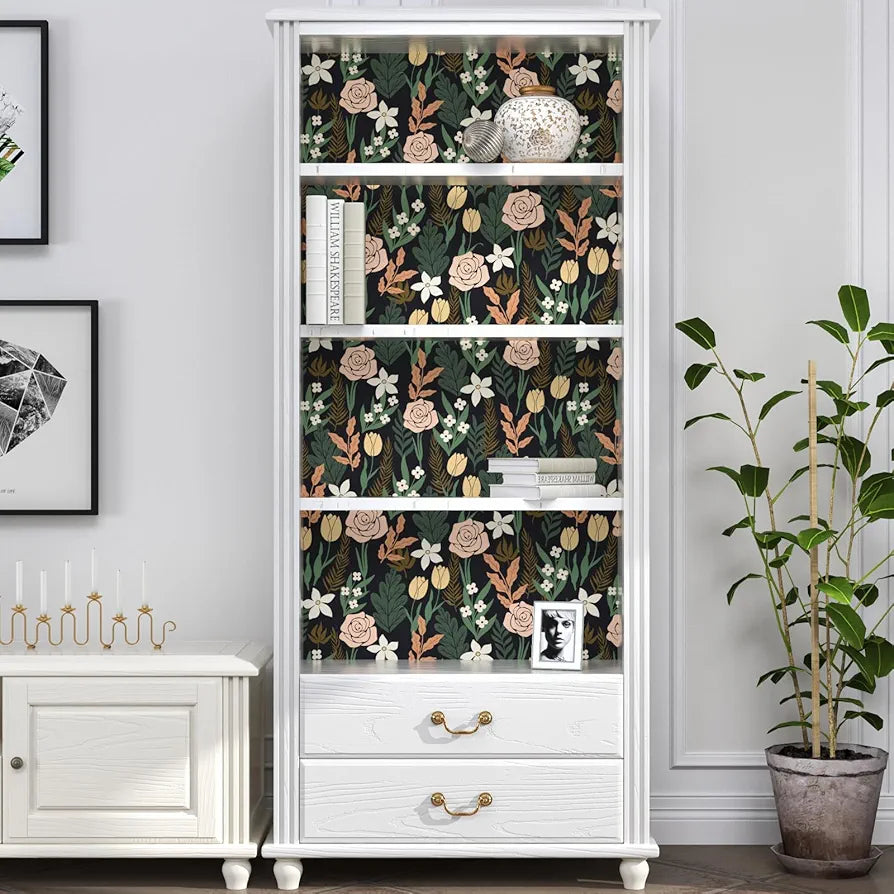 Boho Floral Wallpaper Peel and Stick, Rose Flowers Farmhouse Contact Paper, Black/Pink/Green Botanical Wall Paper Self Adhesive Waterproof Removable for Shelves Cabinet Drawer Table Decor 17.5" x 118"