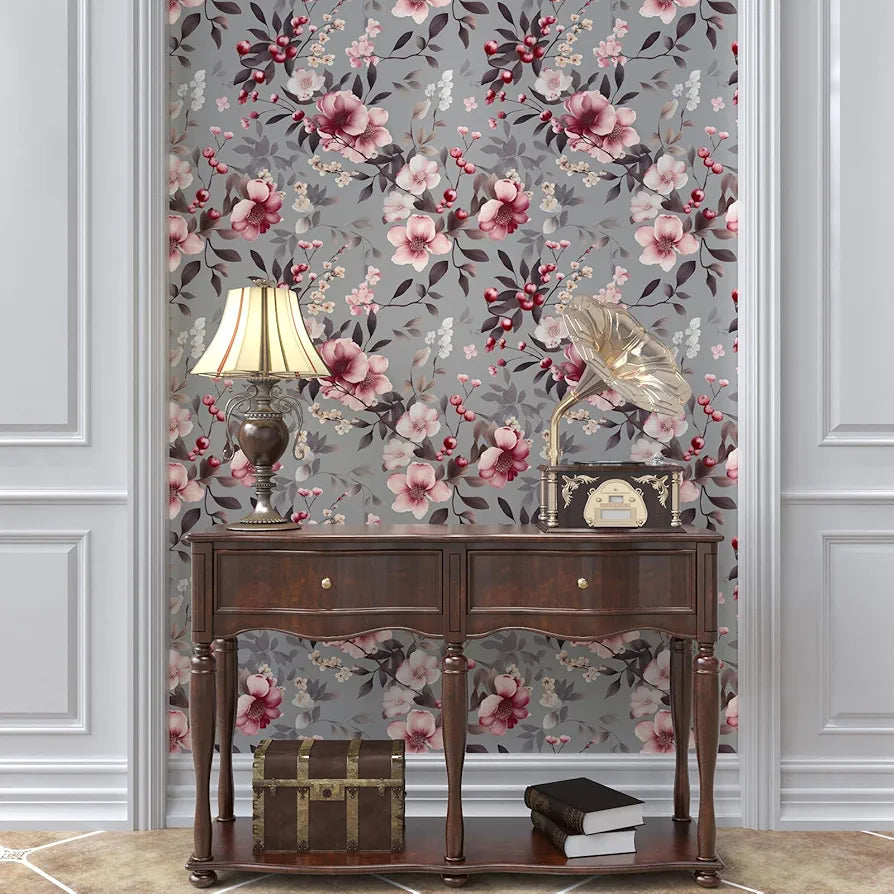 Pink Flowers Wallpaper Peel and Stick, Grey Floral Contact Paper, Vintge Botanical Boho Wall Paper Self Adhesive Waterproof Removable for Room Shelves Cabinet Drawer Table Decor 17.5" x 118"