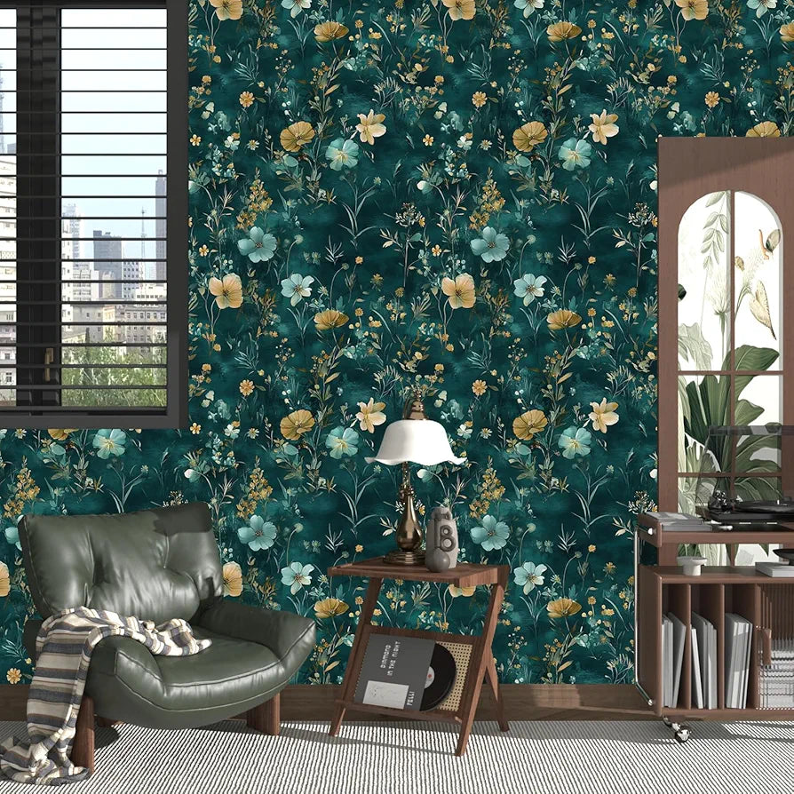 Teal/Blue/Yellow Floral Peel and Stick Wallpaper Boho Wallpaper 17.5"x118" Vintage Wildflowers Contact Paper Waterproof Self Adhesive Modern Stick on Wall Paper for Bedroom Walls Table Cabinet