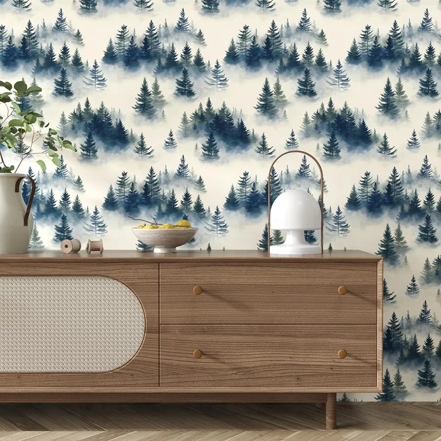 Blue Foggy Forest Wallpaper Peel and Stick Misty Woodland Tree Wall Mural Boho Wallpaper 17.5" x 118" Waterproof Self-Adhesive Modern Floral Wall Paper for Room Cabinet Kitchen Locker