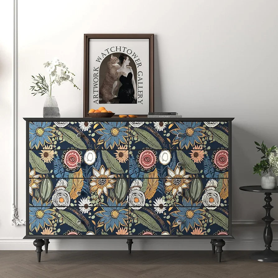 Boho Wallpaper Peel and Stick,Vintage Floral Contact Paper 17.5" x 118", Retro Botanical Flower Wall Paper Self Adhesive Removable Waterproof for Walls Shelves Cabinet Table 