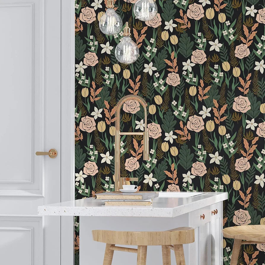 Boho Floral Wallpaper Peel and Stick, Rose Flowers Farmhouse Contact Paper, Black/Pink/Green Botanical Wall Paper Self Adhesive Waterproof Removable for Shelves Cabinet Drawer Table Decor 17.5" x 118"
