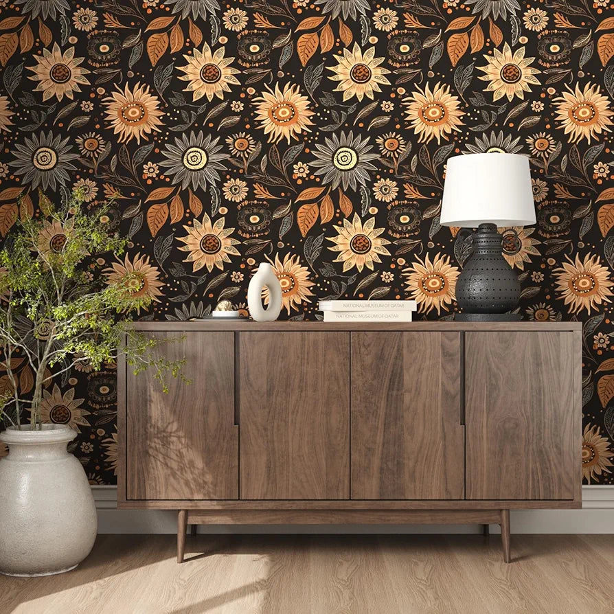 Dark Wallpaper Peel and Stick Boho Wallpaper for Bedroom Black Floral Contact Paper Waterproof Self Adhesive Vintage Wall Mural Walls Drawers Bookcase 17.5in x118in