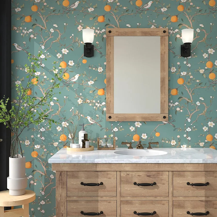 Green Floral Wallpaper Peel and Stick, Birds Contact Paper Orange Fruits,White Flowers Botanical Boho Wall Paper Self Adhesive Waterproof Removable for Room Shelves Cabinet Drawer Table 17.5" x 118"