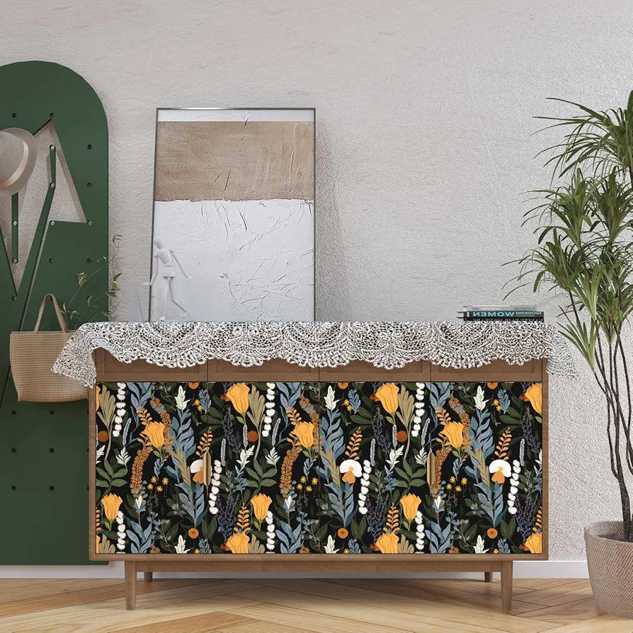 Boho Vintage Floral Wallpaper - Peel and Stick 17.5" x 118" Dark Botanical Contact Paper for Bedroom Walls and Bathroom Cabinets