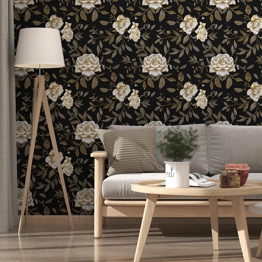 Floral Wallpaper Peel and Stick, Black/Golden/White Peony Flowers Contact Paper, Botanical Wall Paper Self Adhesive Waterproof Removable for Room Shelves Cabinet Drawer Table Decor 17.5" x 118"