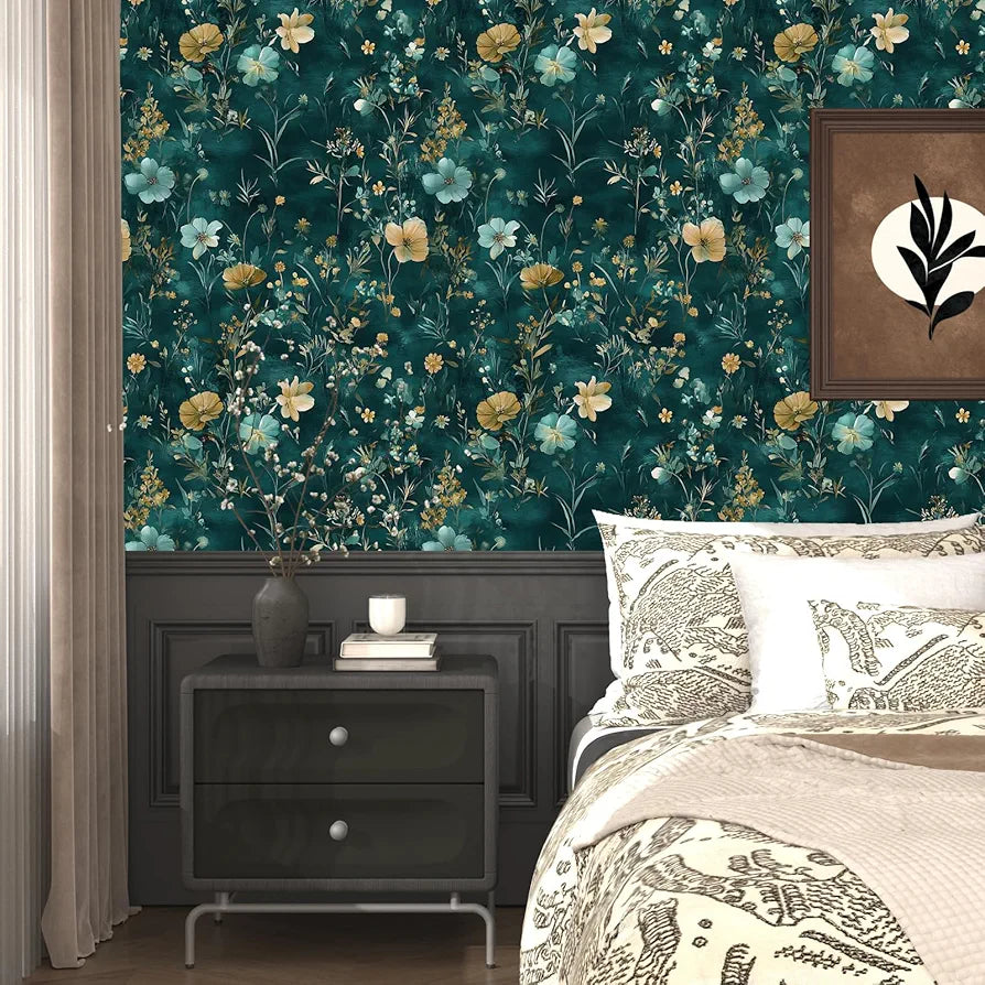 Teal/Blue/Yellow Floral Peel and Stick Wallpaper Boho Wallpaper 17.5"x118" Vintage Wildflowers Contact Paper Waterproof Self Adhesive Modern Stick on Wall Paper for Bedroom Walls Table Cabinet