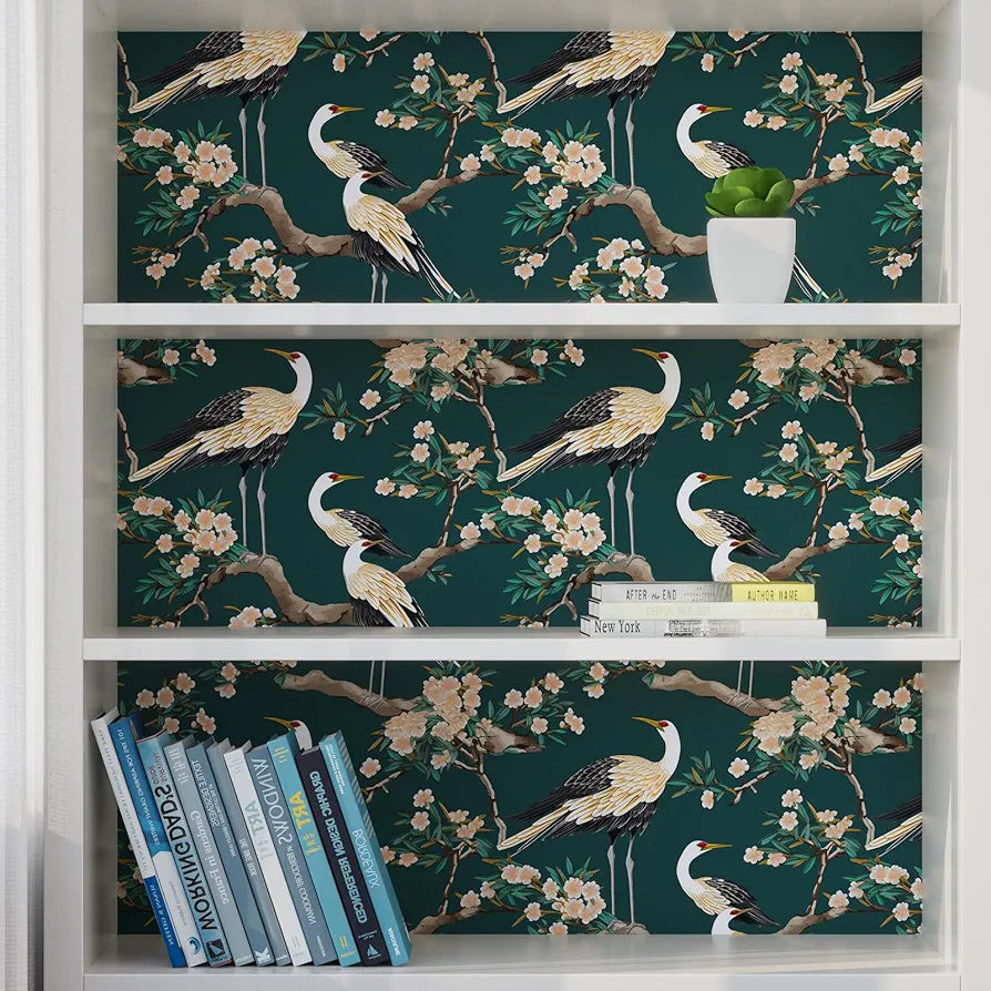 Dark Green Swan Peel and Stick Wallpaper, Crane Bird Floral Contact Paper 17.5 x 118in , Boho Vinyl Wall Paper Mural Removable Self-adhesive Waterproof for Bedroom Cabinet Shelf Drawer Renter Friendly