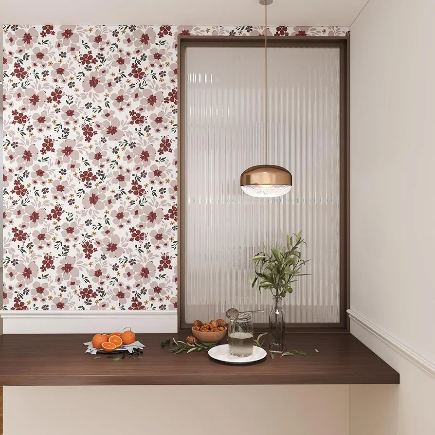 Floral Wallpaper Peel and Stick 17.5" x 118" Red Flower Contact Paper, Self-Adhesive Removable Wallpaper, Waterproof, Vinyl Shivering Wall Covering for Bedroom Cabinet Countertop Decor