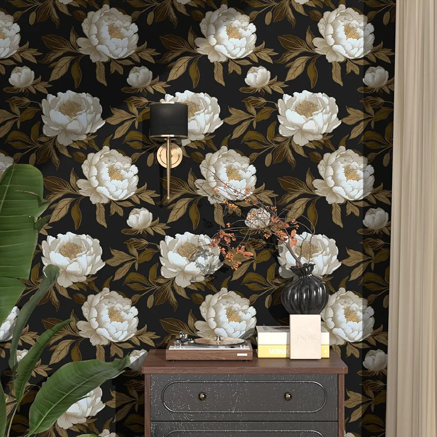 Peony Floral Wallpaper Peel and Stick Gold Leaf Contact Paper Modern Floral Wallpaper Self Adhesive Waterproof Boho Botanical Wall Paper for Room Shelves Cabinet Drawer Table Decor 17.5"x118"
