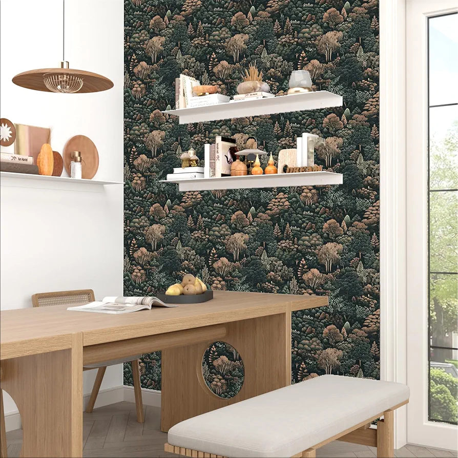 Dark Forest Wallpaper Peel and Stick Woodland Tree Mountains Wall Mural Boho Wallpaper 17.5"x118" Waterproof Self-Adhesive Removable Modern Floral Wall Paper for Cabinet Bathroom Walls Decor