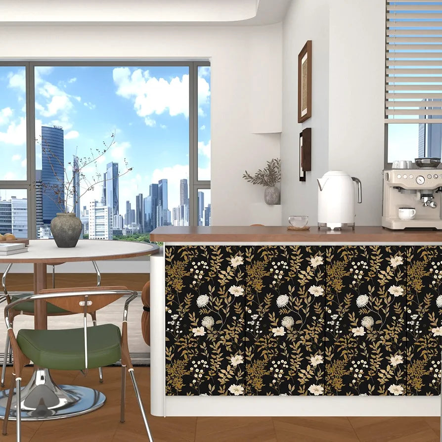 Dark Floral Peel and Stick Wallpaper 17.5in x118in Vintage Black Gold Leaf Wallpaper Vinyl Waterproof Self-Adhesive Boho Botanical Wall Paper Mural for Kitchen Countertop Locker Walls