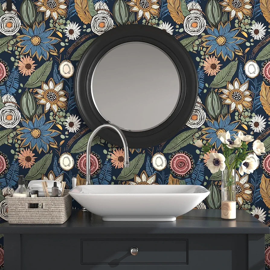 Boho Wallpaper Peel and Stick,Vintage Floral Contact Paper 17.5" x 118", Retro Botanical Flower Wall Paper Self Adhesive Removable Waterproof for Walls Shelves Cabinet Table 