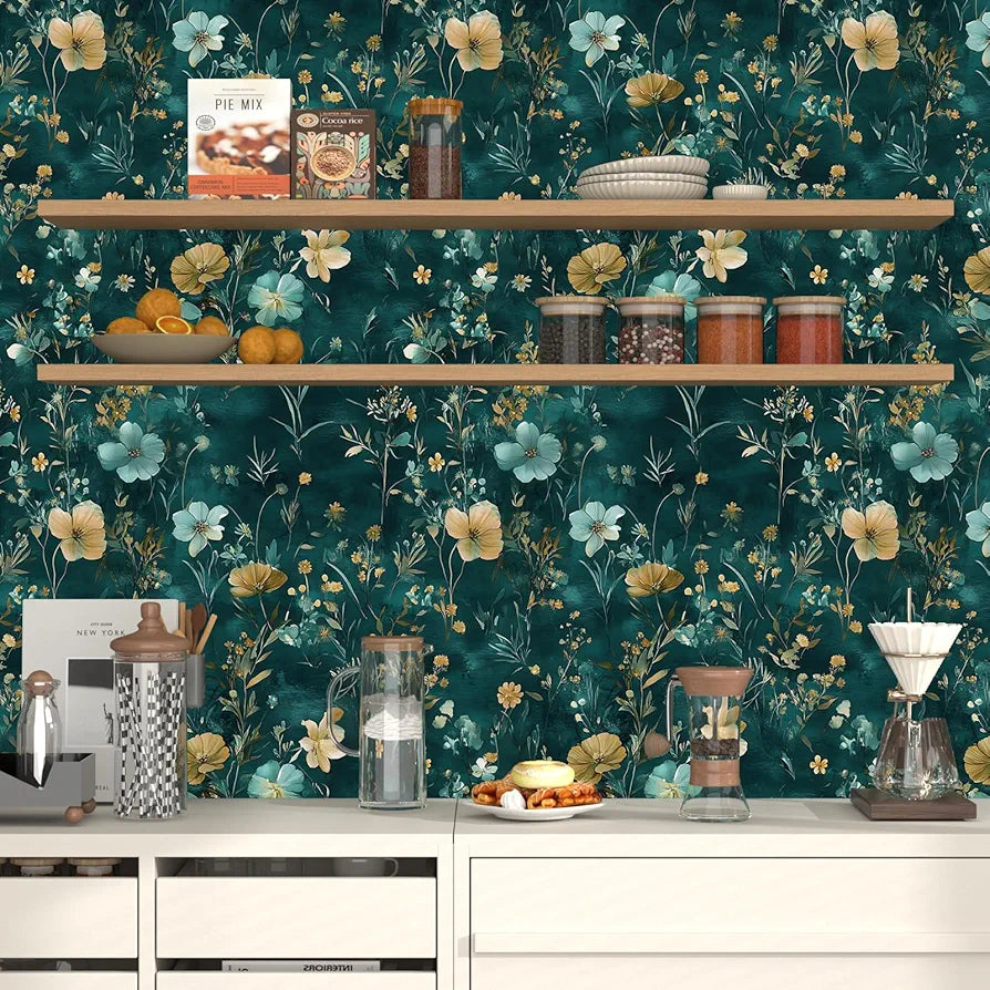 Teal/Blue/Yellow Floral Peel and Stick Wallpaper Boho Wallpaper 17.5"x118" Vintage Wildflowers Contact Paper Waterproof Self Adhesive Modern Stick on Wall Paper for Bedroom Walls Table Cabinet