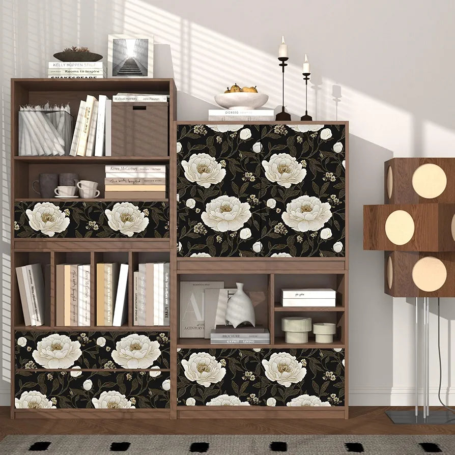 Floral Wallpaper Peel and Stick White Peony Flowers Contact Paper 17.5" x 118" Dark Botanical Wall Paper Waterproof Self Adhesive Removable for Bedroom Shelves Cabinet Drawer Decor