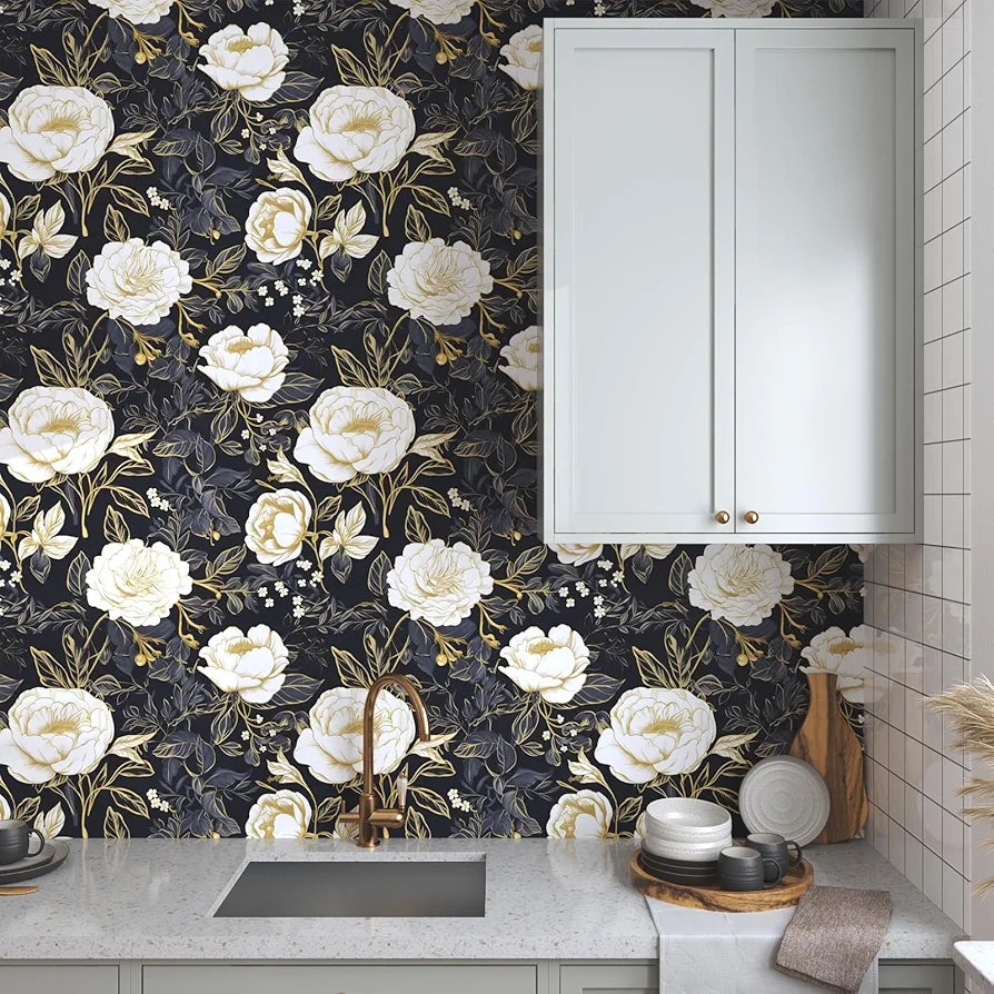 Boho White Gold Floral Wallpaper Peel and Stick Dark Blue Contact Paper 17.5“x118” Vinyl Waterproof Self Adhesive Botanical Wall Paper for Cabinet Drawer Walls Bathroom