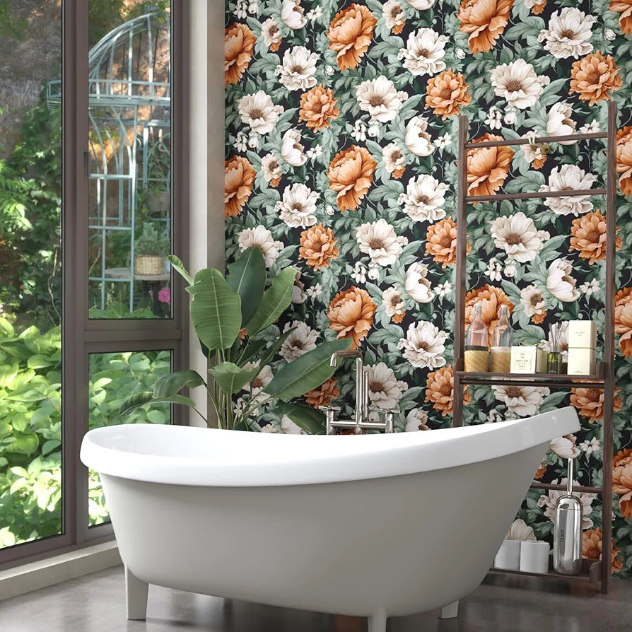 Floral Wallpaper Peel and Stick, Vintage Large Blooming Flowers Contact Paper 17.5" x 118", Retro Wall Paper Self Adhesive Removable Waterproof for Room Walls Shelves Cabinet Table 