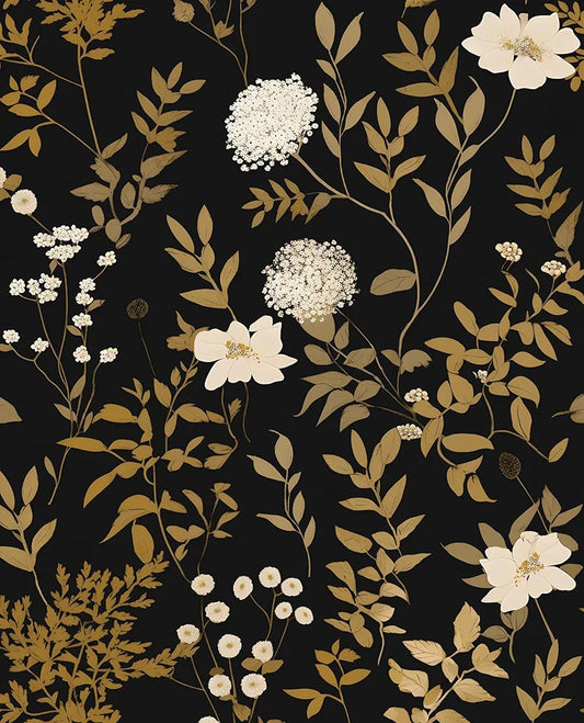 Dark Floral Peel and Stick Wallpaper 17.5in x118in Vintage Black Gold Leaf Wallpaper Vinyl Waterproof Self-Adhesive Boho Botanical Wall Paper Mural for Kitchen Countertop Locker Walls