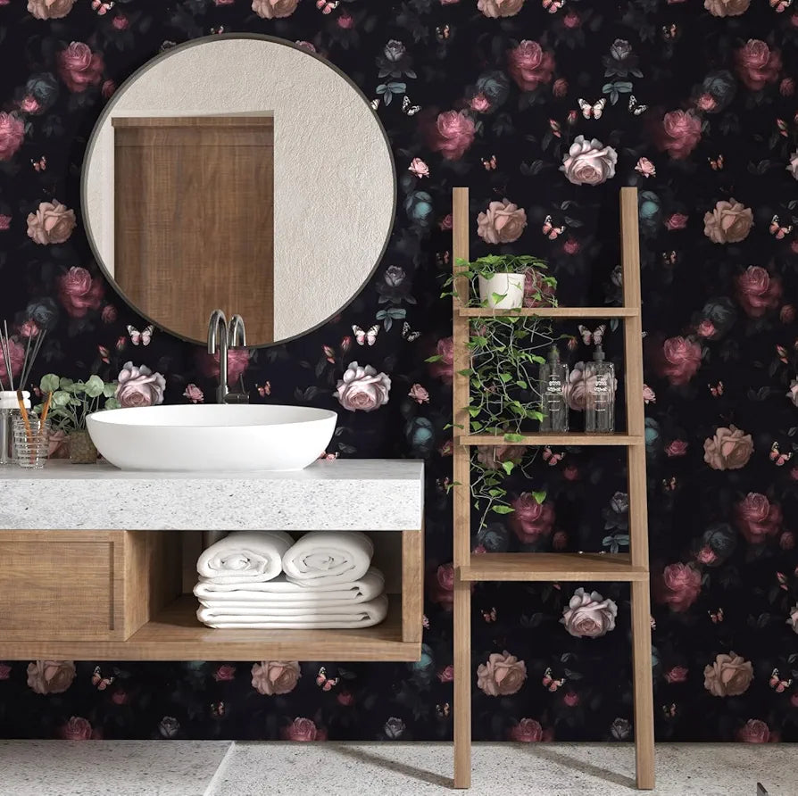 Dark Pink Floral Wallpaper Peel and Stick Pink Rose Flowers Contact Paper Black Floral Wallpaper Boho Wall Paper Self Adhesive Waterproof Removable for Room Shelves Cabinet Drawer Table 17.5" x 118"