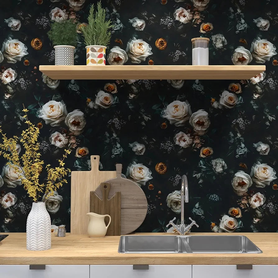 Black Floral Wallpaper Peel and Stick, White Golden Rose Flowers Contact Paper 17.5" x 118", Dark Botanical Wall Paper Removable Self Adhesive Waterproof for Room Shelves Cabinet Drawer Table Decor