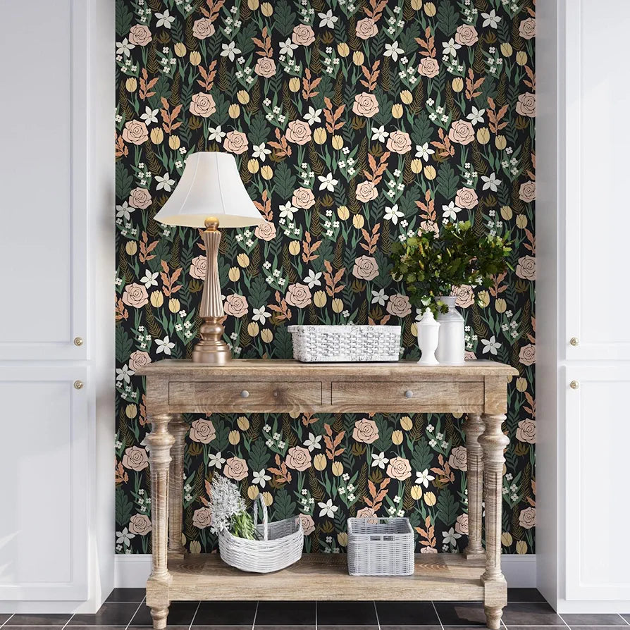 Boho Floral Wallpaper Peel and Stick, Rose Flowers Farmhouse Contact Paper, Black/Pink/Green Botanical Wall Paper Self Adhesive Waterproof Removable for Shelves Cabinet Drawer Table Decor 17.5" x 118"