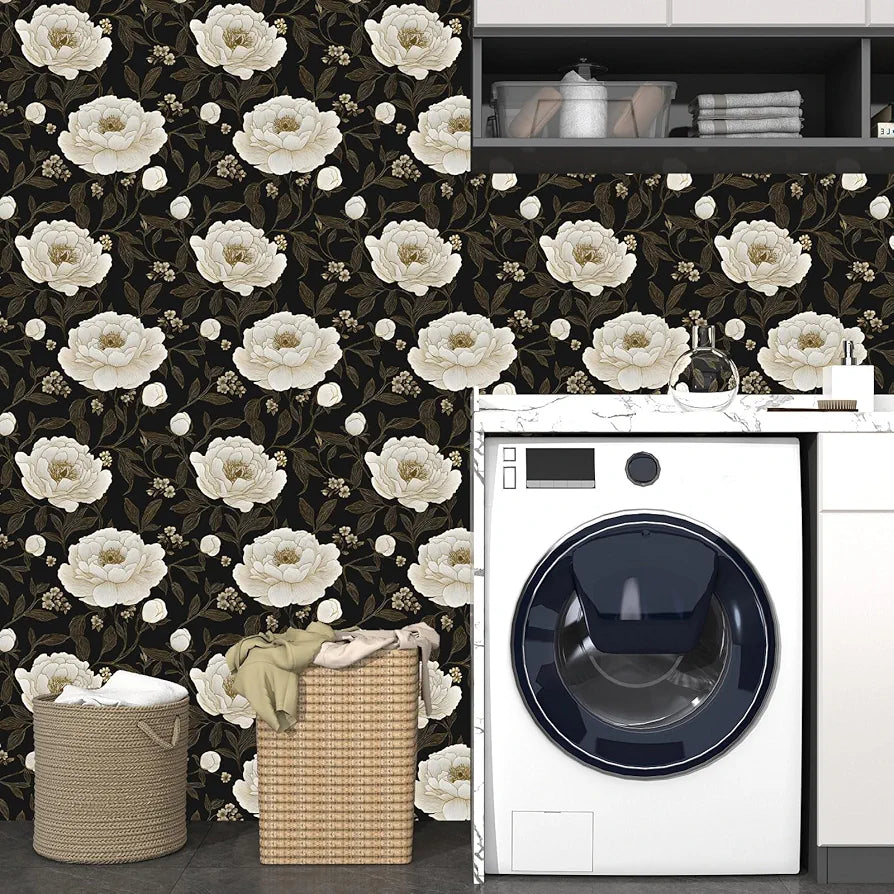 Floral Wallpaper Peel and Stick White Peony Flowers Contact Paper 17.5" x 118" Dark Botanical Wall Paper Waterproof Self Adhesive Removable for Bedroom Shelves Cabinet Drawer Decor