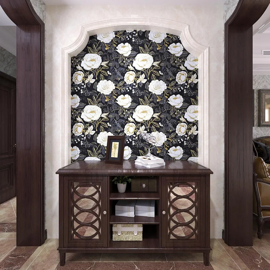 Boho White Gold Floral Wallpaper Peel and Stick Dark Blue Contact Paper 17.5“x118” Vinyl Waterproof Self Adhesive Botanical Wall Paper for Cabinet Drawer Walls Bathroom