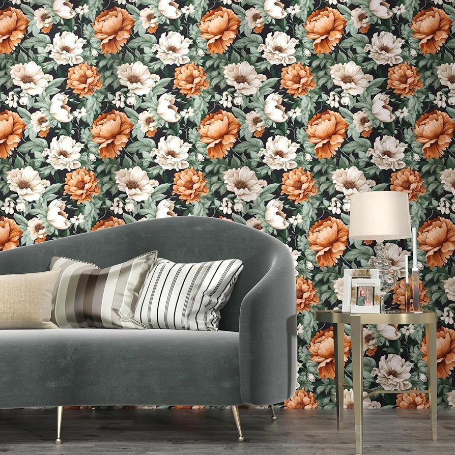 Floral Wallpaper Peel and Stick, Vintage Large Blooming Flowers Contact Paper 17.5" x 118", Retro Wall Paper Self Adhesive Removable Waterproof for Room Walls Shelves Cabinet Table 