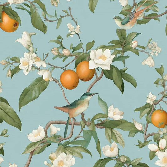 Blue Floral Wallpaper Peel and Stick, Vintage Bird Leaf Fruit Contact Paper, Self Adhesive Removable Retro Wall Mural Wall Paper for Room Walls Shelves Cabinet Table Decor 17.5" x 118"