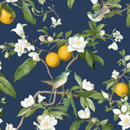 Dark Blue Floral Wallpaper Peel and Stick, Vintage Bird Leaf Fruit Contact Paper, Self Adhesive Waterproof Removable Botanical Wall Paper Mural 17.5" x 118" for Room Shelves Cabinet Table Drawer Decor