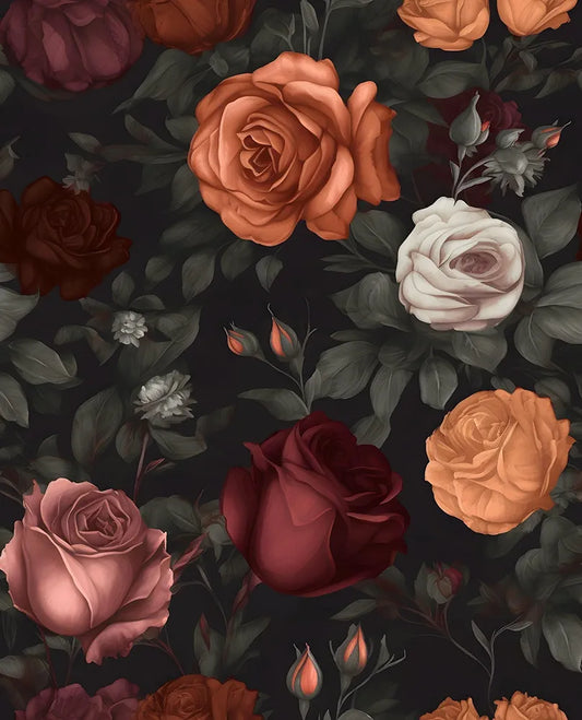 Dark Floral Peel and Stick Wallpaper Vintage Orange/Red Floral Contact Paper 17.5"x118" Waterproof Self Adhesive Boho Wall Mural Black Rose Wall Paper for Bedroom Stair Cabinet Decor