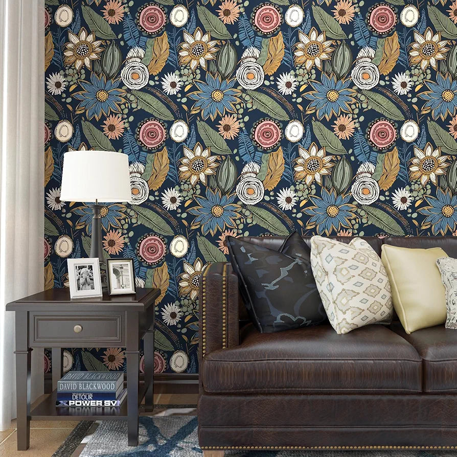 Boho Wallpaper Peel and Stick,Vintage Floral Contact Paper 17.5" x 118", Retro Botanical Flower Wall Paper Self Adhesive Removable Waterproof for Walls Shelves Cabinet Table 