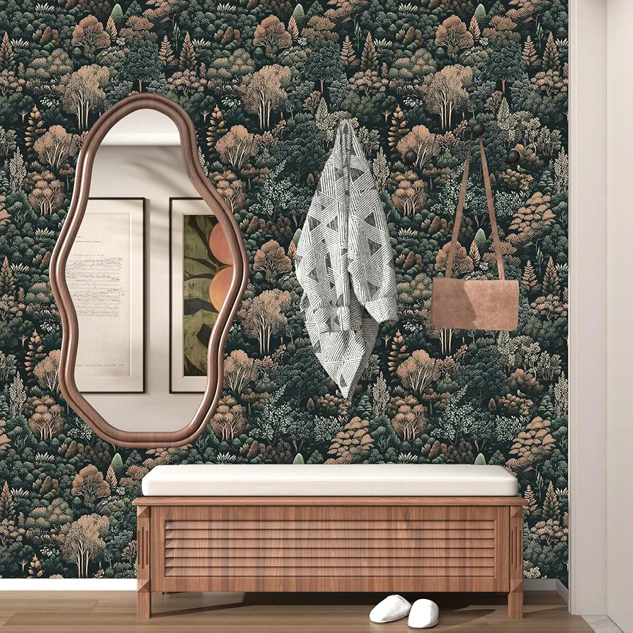 Dark Forest Wallpaper Peel and Stick Woodland Tree Mountains Wall Mural Boho Wallpaper 17.5"x118" Waterproof Self-Adhesive Removable Modern Floral Wall Paper for Cabinet Bathroom Walls Decor