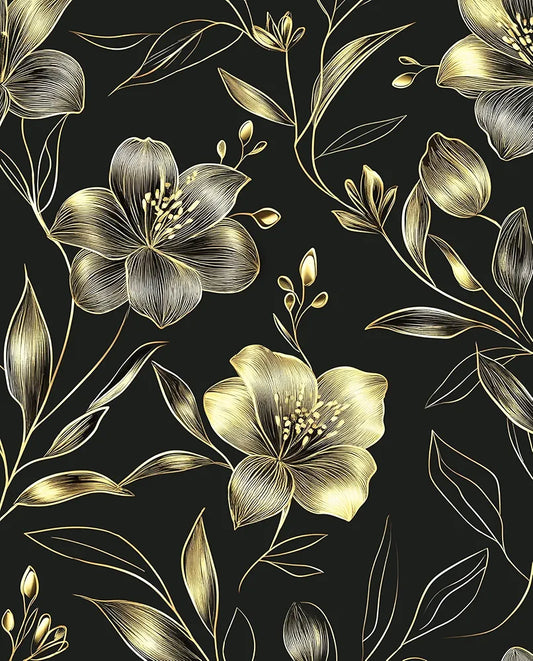 Dark Floral Wallpaper Peel and Stick, Vintage Black Gold Flowers Contact Paper, Golden Botanical Wall Paper Self Adhesive Waterproof Removable for Room Shelves Cabinet Drawer Table Decor 17.5" x 118"