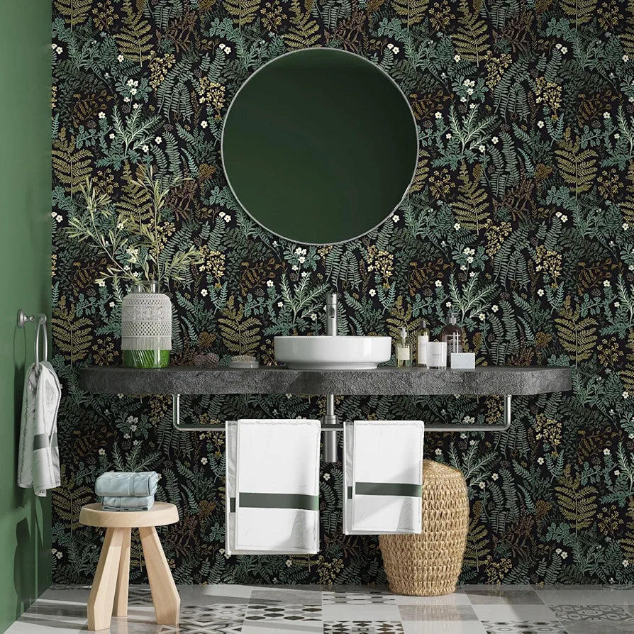 Black Forest Peel and Stick Wallpaper, Green Golden leaf Contact Paper 17.5" x 118", Botanical Jungle Wall Paper Murals Removable Self Adhesive Waterproof for Room Walls Shelves Cabinet Drawer Table