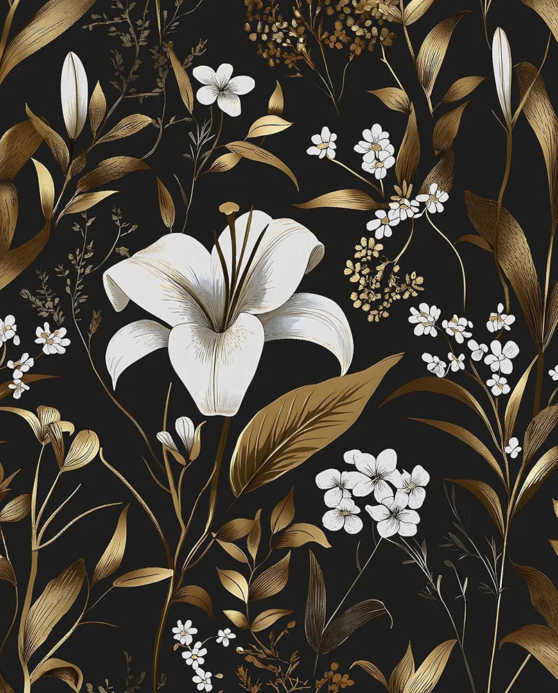 White Floral Wallpaper Peel and Stick, Black Gold Vintage Contact Paper, Dark Golden Botanical Wall Paper Self Adhesive Removable Waterproof for Bedroom Cabinet Drawer Table Decor 17.5" x 118"