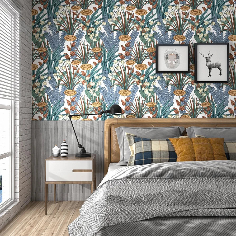 Boho Floral Peel and Stick Wallpaper, Vintage Botanical Contact Paper, Self Adhesive Wall Mural 17.5" x 118" Tropical Wall Paper Waterproof Removable for Bedroom Walls Cabinet 