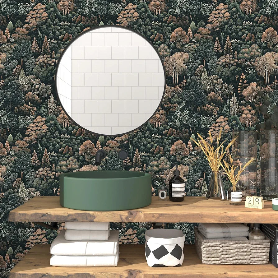 Dark Forest Wallpaper Peel and Stick Woodland Tree Mountains Wall Mural Boho Wallpaper 17.5"x118" Waterproof Self-Adhesive Removable Modern Floral Wall Paper for Cabinet Bathroom Walls Decor