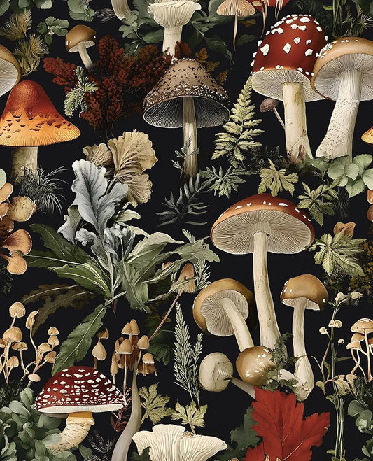 Forest Mushroom Wallpaper Peel and Stick Boho Wallpaper 17.5in x118in Vintage Contact Paper Vinyl Self Adhesive Dark Floral Modern Wall Paper for Bathroom Stairs Kitchen Cabinet