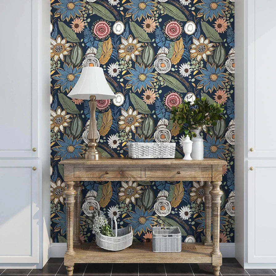 Boho Wallpaper Peel and Stick,Vintage Floral Contact Paper 17.5" x 118", Retro Botanical Flower Wall Paper Self Adhesive Removable Waterproof for Walls Shelves Cabinet Table 