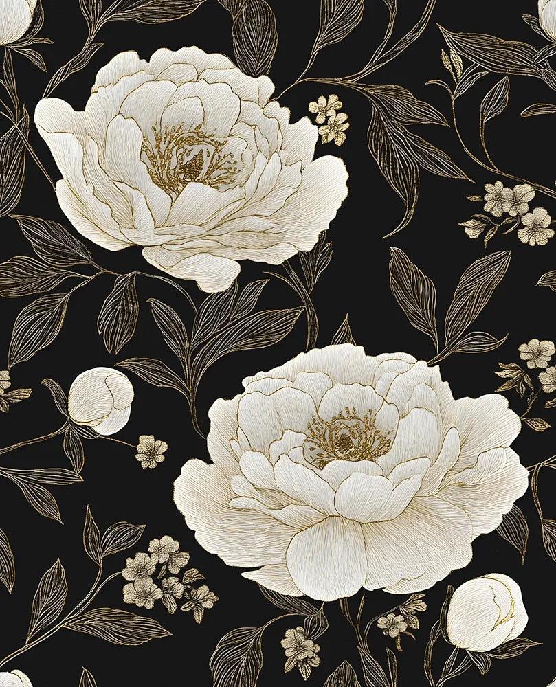 Floral Wallpaper Peel and Stick White Peony Flowers Contact Paper 17.5" x 118" Dark Botanical Wall Paper Waterproof Self Adhesive Removable for Bedroom Shelves Cabinet Drawer Decor