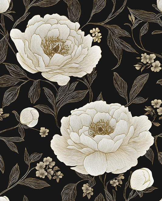 Floral Wallpaper Peel and Stick White Peony Flowers Contact Paper 17.5" x 118" Dark Botanical Wall Paper Waterproof Self Adhesive Removable for Bedroom Shelves Cabinet Drawer Decor