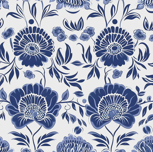 Blue Floral Wallpaper Peel and Stick, White Vintage Flower Contact Paper, Waterproof Self Adhesive Flower Boho Wall Paper 17.5in x 118in for Bedroom Walls Bookcase Shelf Table Drawers Decor