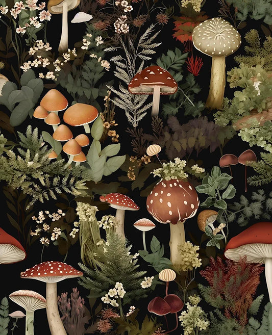Dark Green Forest Wallpaper Peel and Stick, Brown Mushrooms Contact Paper 17.5" x 118", Vintage Floral Wall Paper Self Adhesive Removable Waterproof for room Walls Shelves Cabinet Drawer Table Decor