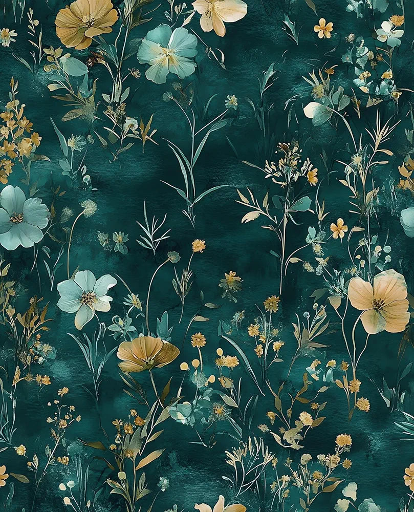Teal/Blue/Yellow Floral Peel and Stick Wallpaper Boho Wallpaper 17.5"x118" Vintage Wildflowers Contact Paper Waterproof Self Adhesive Modern Stick on Wall Paper for Bedroom Walls Table Cabinet
