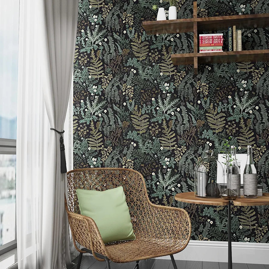Black Forest Peel and Stick Wallpaper, Green Golden leaf Contact Paper 17.5" x 118", Botanical Jungle Wall Paper Murals Removable Self Adhesive Waterproof for Room Walls Shelves Cabinet Drawer Table