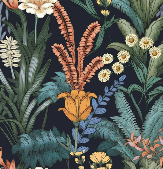 Floral Wallpaper Peel and Stick, Orange/Green Boho Contact Paper, Vintage Botanical Flower Dark Wall Paper Mural Self Adhesive Removable Waterproof for Bedroom Shelve Cabinet Drawer Decor 17.5" x 118"