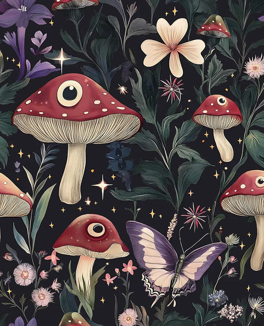 Fairy Mushroom Wallpaper Peel and Stick Boho Wallpaper 17.5in x118in Vintage Contact Paper Vinyl Self Adhesive Dark Floral Modern Wall Paper for Bedroom Cabinet Table Locker