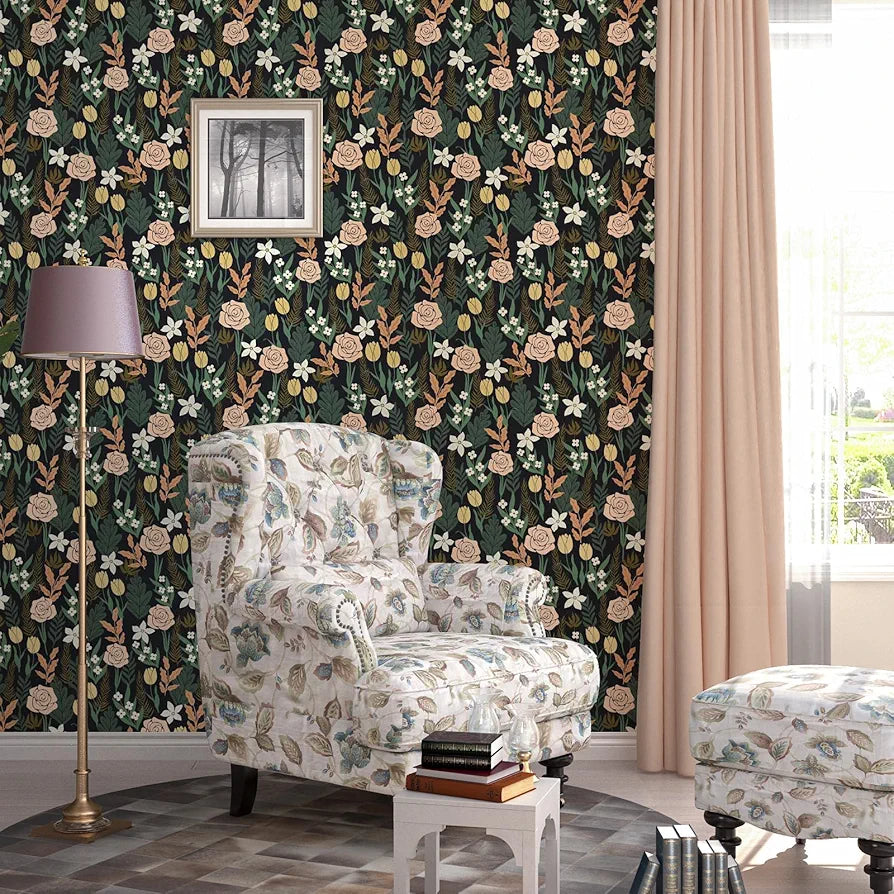 Boho Floral Wallpaper Peel and Stick, Rose Flowers Farmhouse Contact Paper, Black/Pink/Green Botanical Wall Paper Self Adhesive Waterproof Removable for Shelves Cabinet Drawer Table Decor 17.5" x 118"