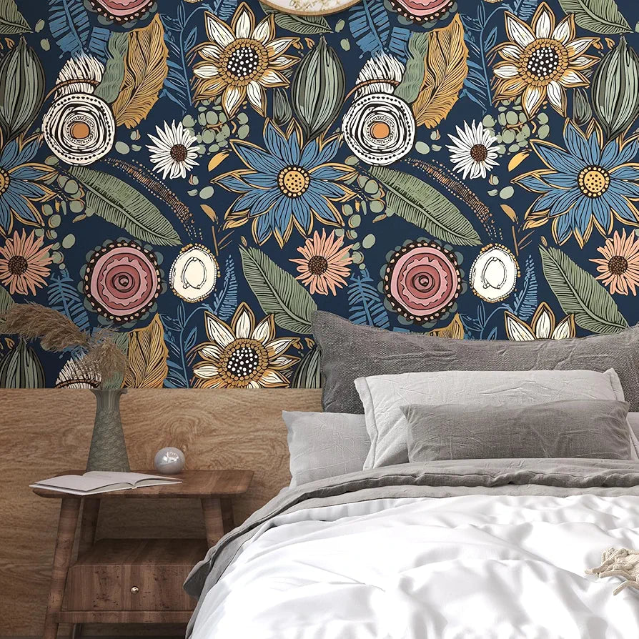 Boho Wallpaper Peel and Stick,Vintage Floral Contact Paper 17.5" x 118", Retro Botanical Flower Wall Paper Self Adhesive Removable Waterproof for Walls Shelves Cabinet Table 